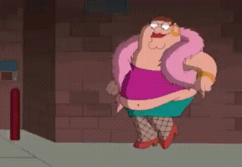 Peter Griffin From Family Guy Is Wearing A Pink Fur Coat And A Skirt . GIF