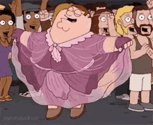 Peter Griffin From Family Guy Is Wearing A Purple Dress And Dancing In Front Of A Crowd Of People . GIF
