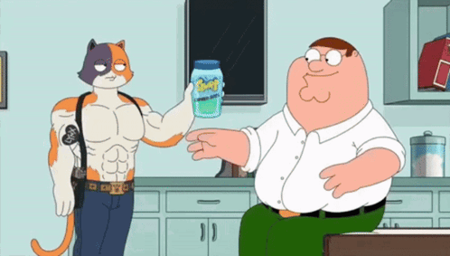 Peter Griffin Is Giving A Jar Of Lemonade To A Cat In A Muscle Suit GIF
