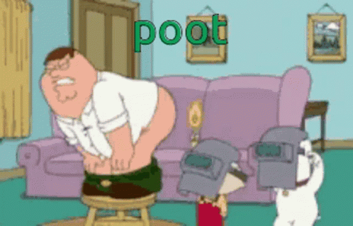 Peter Griffin Is Sitting On A Stool In A Living Room With The Word Poot Written In Green GIF