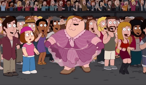Peter Griffin Is Standing In Front Of A Crowd Wearing A Purple Dress GIF