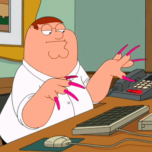 Peter Griffin Sitting at Desk with Pink Nails