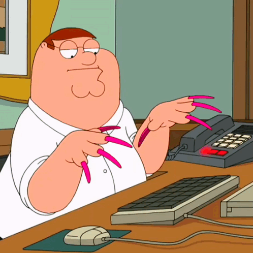 Peter Griffin Sitting at Desk With Pink Nails