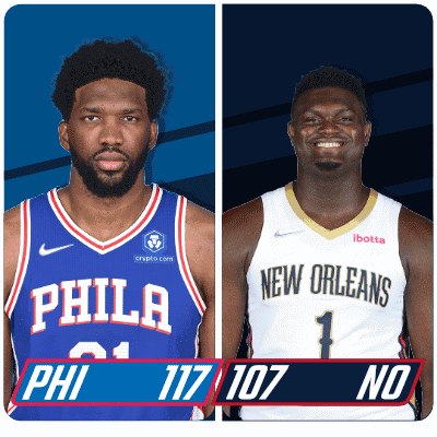 Philadelphia Basketball Player And New Orleans Basketball Player Standing Next To Each Other GIF