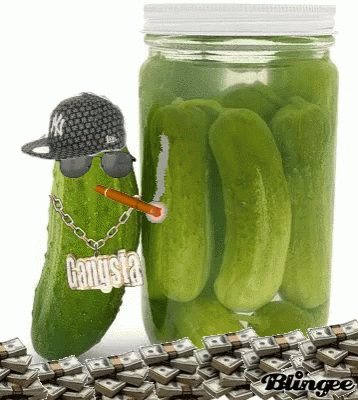 Pickle In NY Hat And Sunglasses Smoking Cigarette Next To Jar Of Pickles GIF