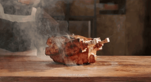 Piece of Meat Cooking on Wooden Cutting Board With Smoke
