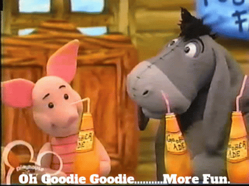 Piglet and Eeyore Drinking From Bottles With Straws