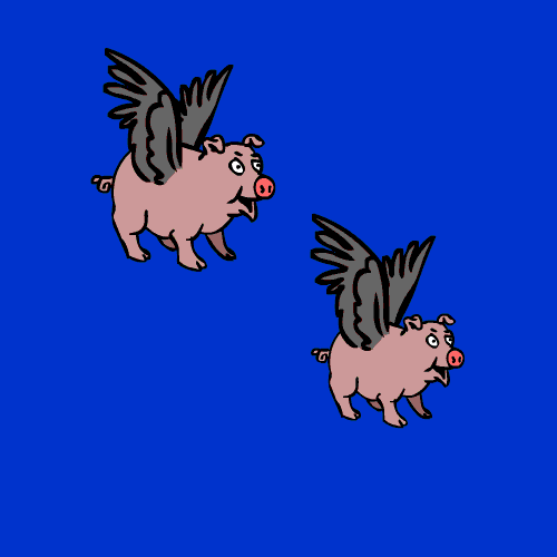 Pigs Fly Across Deep Blue Sky Illustration GIF