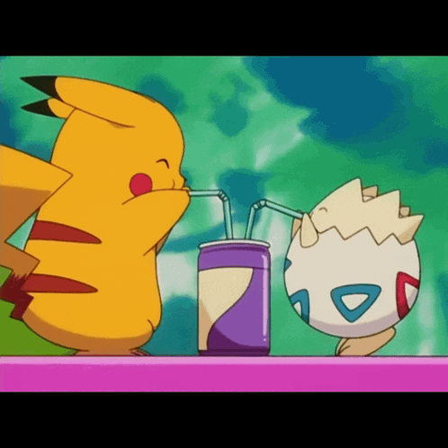 Pikachu And Togey Drinking From A Purple Can GIF