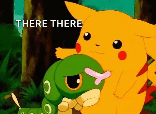 Pikachu Holding Green Caterpillar Saying There There