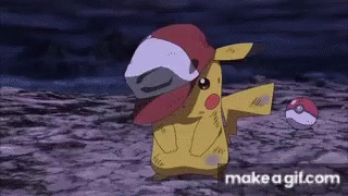 Pikachu In Red Hat Holding Red Pokeball GIF