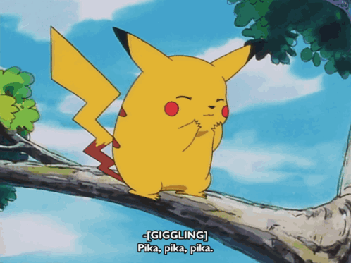 Pikachu on Tree Branch Saying Giggling