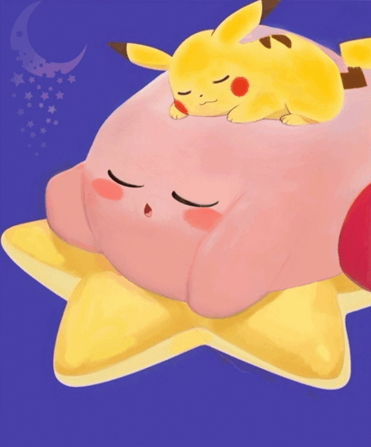 Pikachu Sleeping on Kirby's Head