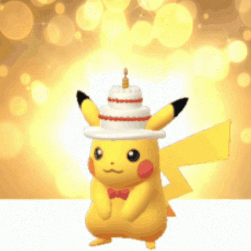 Pikachu Wearing Hat With Cake On Top GIF