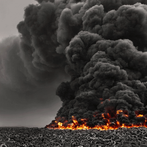 Pile Of Old Tires Burning In Field GIF