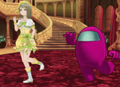 Pink Among Us Character Next to Girl in Yellow Dress
