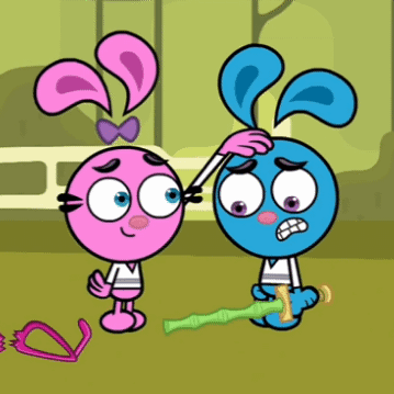 Pink and Blue Cartoon Characters Holding Green Object