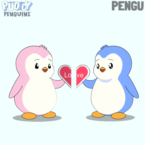 Pink and Blue Penguin Holding Heart With Love