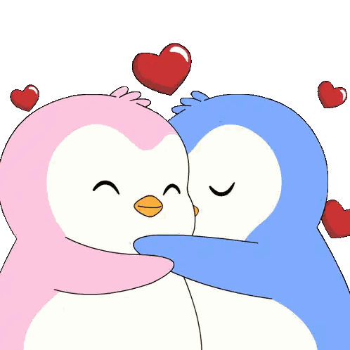 Pink and Blue Penguin Hugging with Hearts