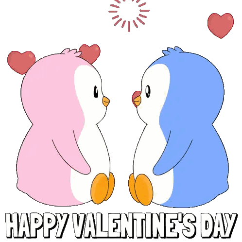 Pink and Blue Penguin With Hearts Happy Valentine's Day