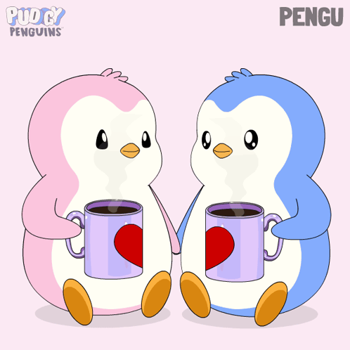 Pink and Blue Penguins Holding Cups