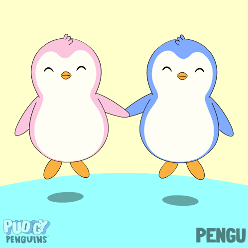 Pink And Blue Penguins With Hearts Around Necks Sitting Together GIF