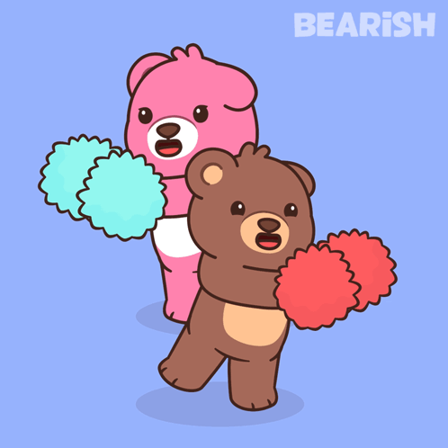 Pink And Brown Teddy Bears Holding Pom Poms Saying Bearish GIF