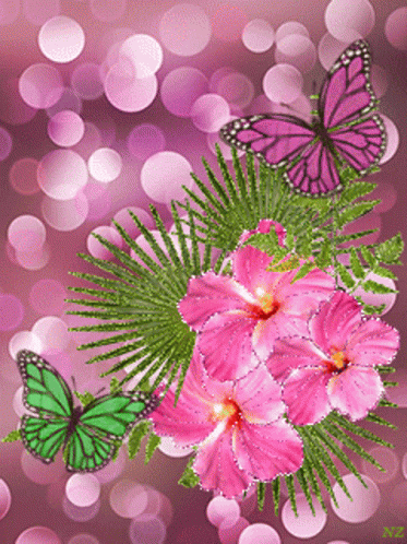 Pink And Green Butterflies Are Flying Around Pink Flowers On A Pink Background GIF