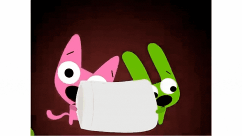 Pink And Green Cartoon Characters Holding White Object GIF