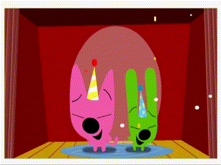 Pink And Green Cartoon Characters With Party Hats GIF
