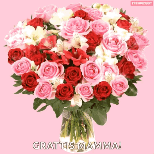 Pink And Red Roses In Vase With Grattis Mamma GIF