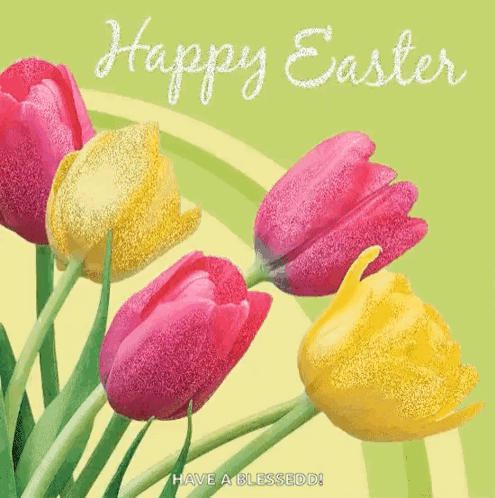 Pink And Yellow Tulips On A Green Background With The Words Happy Easter GIF