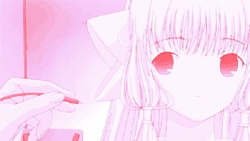 Pink Anime Girl With Red Eyes Being Brushed GIF