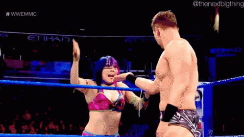 Pink Bikini Woman Wrestling Blue Ring Man