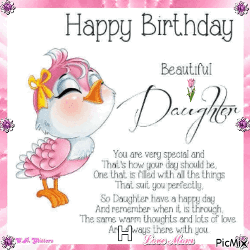 Pink Bird Birthday Card For Daughter GIF