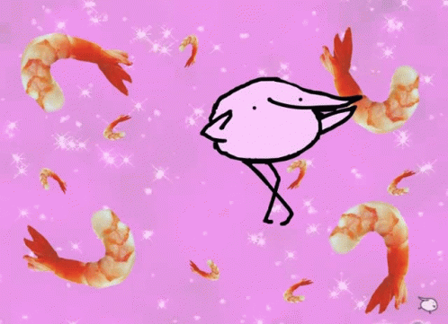 Pink Bird Surrounded By Shrimp On Purple Background GIF