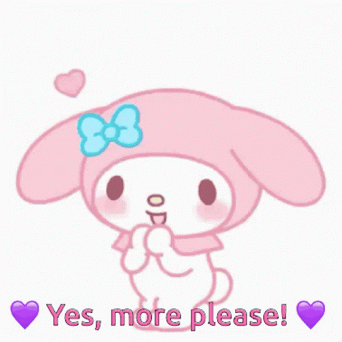 Pink Bunny With Blue Bow Surrounded By Hearts Saying Yes More Please GIF