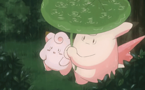 Pink Cartoon Character Holding Green Umbrella