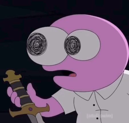 Pink Cartoon Character Holding Sword With Swirling Eye GIF