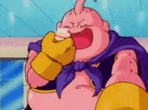 Pink Cartoon Character in Purple Cape and Gloves Eating