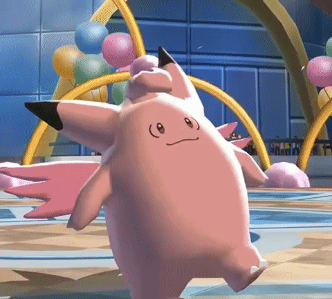 Pink Cartoon Character in Room With Balloons