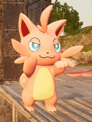 Pink Cartoon Character on Wooden Platform with 25m Sign