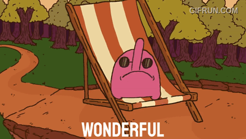 Pink Cartoon Character Sitting in Lawn Chair Saying Wonderful