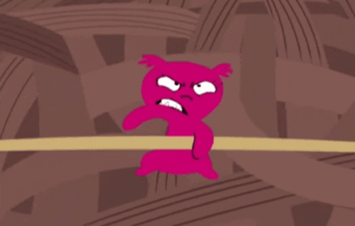 Pink Cartoon Character with Mouth Open on Yellow Line