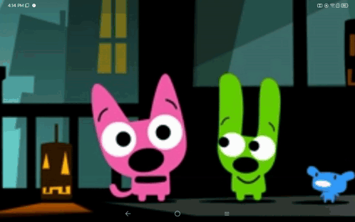Pink Cat And Green Rabbit Standing In Front Of Building GIF