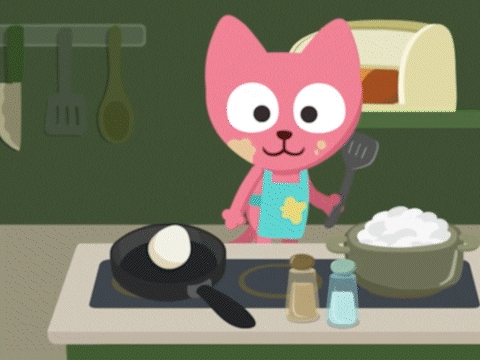 Pink Cat Cooking Rice And Fried Egg GIF