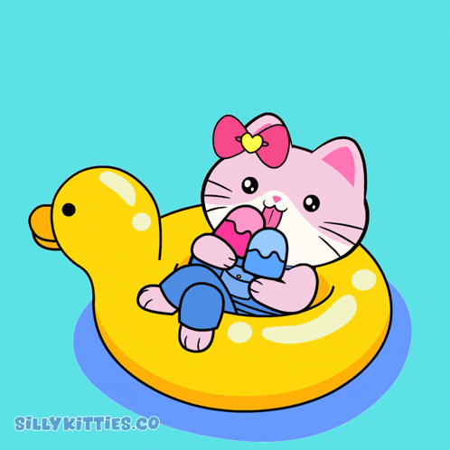 Pink Cat Floating On Yellow Duck Float Saying Chillin GIF