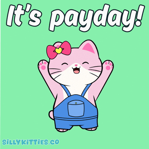 Pink Cat In Overalls Saying It's Payday GIF