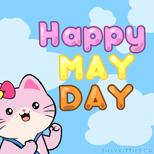 Pink Cat With Bow Saying Happy May Day GIF