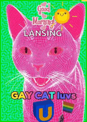 Pink Cat With Rainbow Flag and Balloon on Head